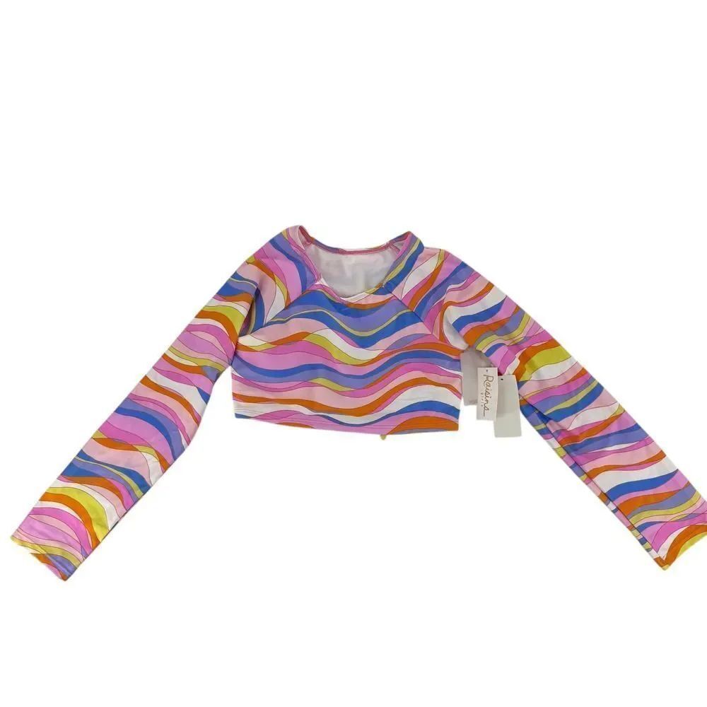 Raisins Rash Guard Bikini Top Girls Sz 16 Long Sleeve Colorful Pink Padded Swim